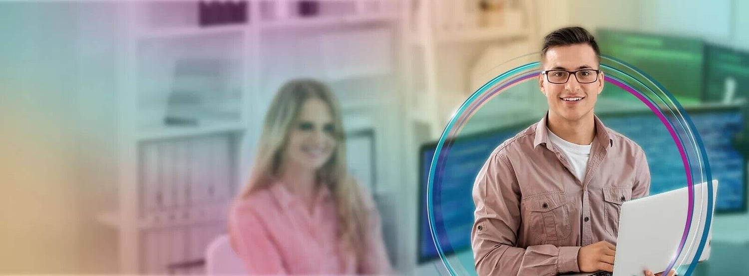 man-computer-blurry-woman